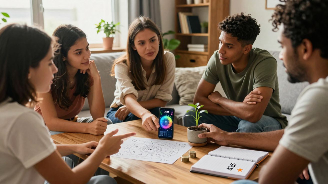 Group of young adults discussing a project around a table with a phone, plant, and charts in a casual setting.