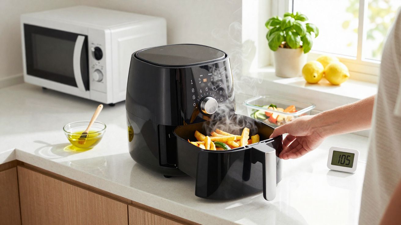 Hand removing steaming hot fries from a black air fryer on a kitchen counter near a microwave and basil plant.