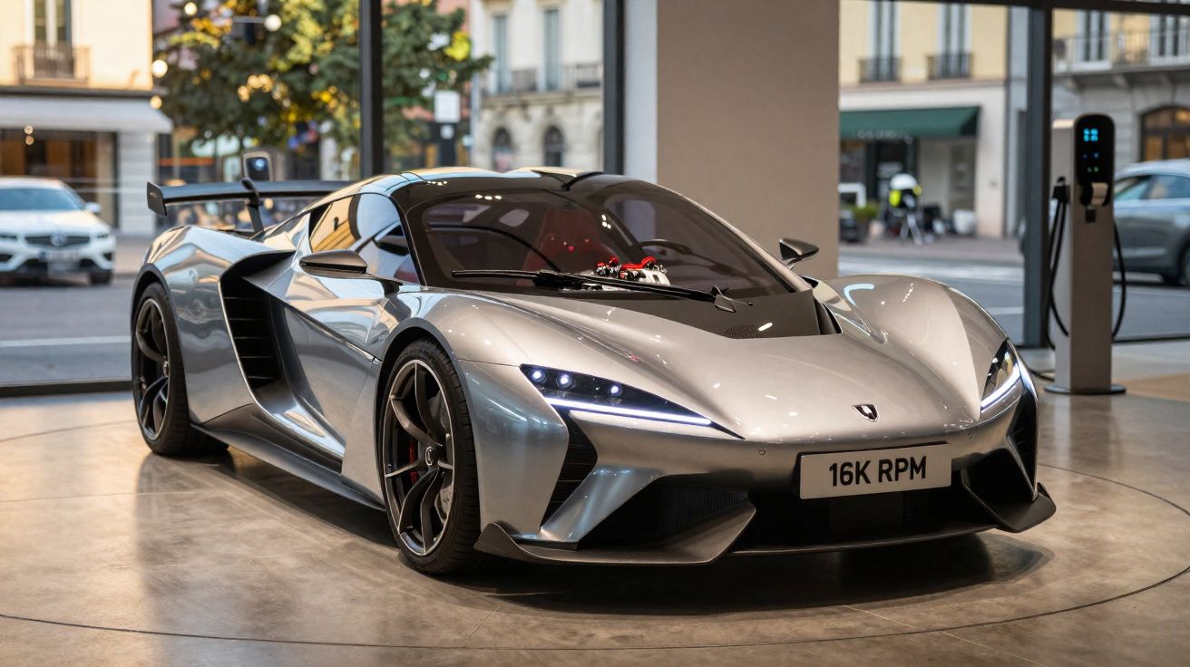 Silver high-performance sports car displayed indoors with detailed aerodynamic design and sleek headlights.