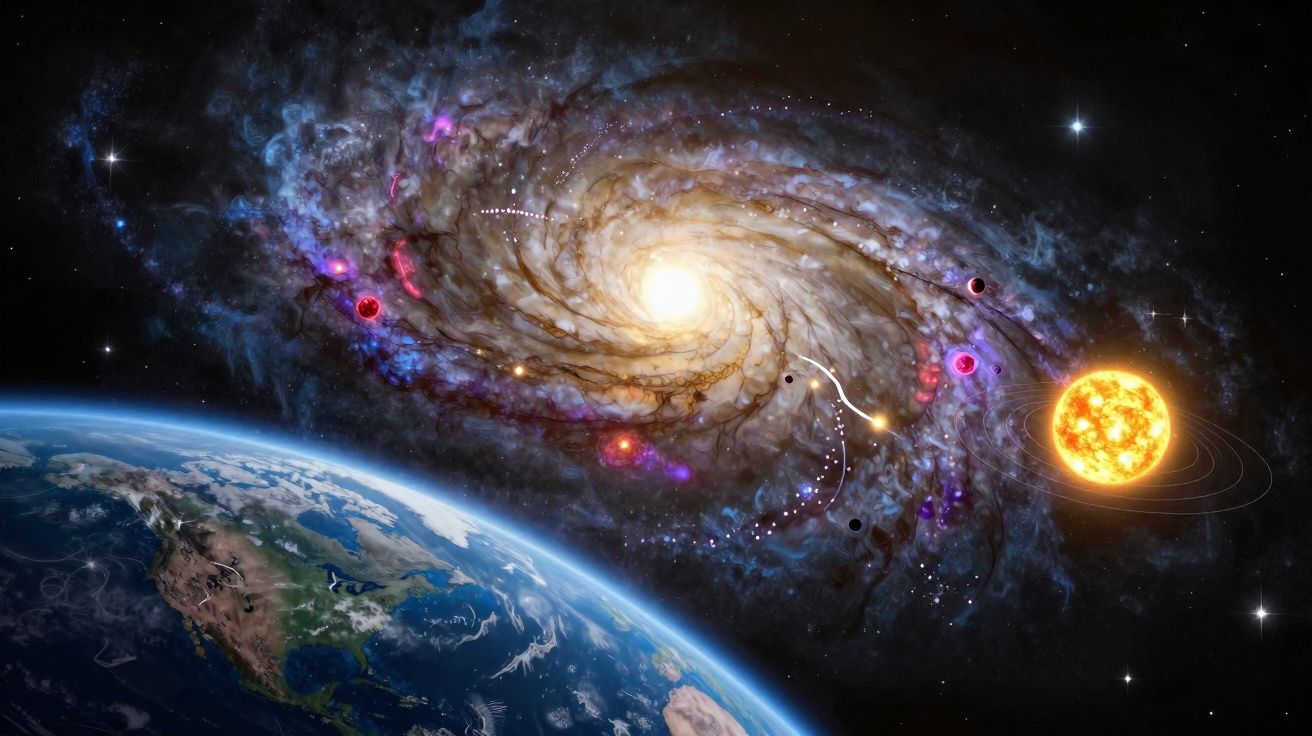 View of Earth in space with a glowing sun, planets, and a bright spiral galaxy in the background.