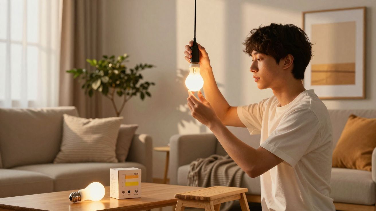 Young man installing or adjusting a glowing light bulb in a cosy living room with beige sofas and plants.