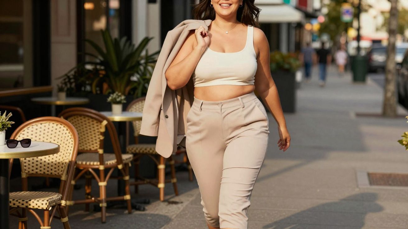 Woman in beige trousers and crop top walking confidently on a sunny city street with a jacket over her shoulder.
