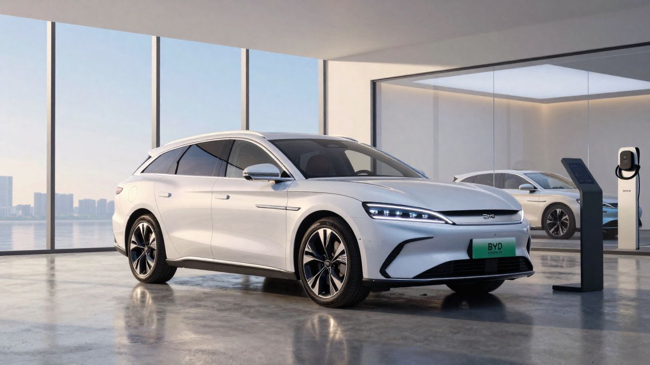 White BYD electric station wagon parked indoors near a charging station with large windows in the background.