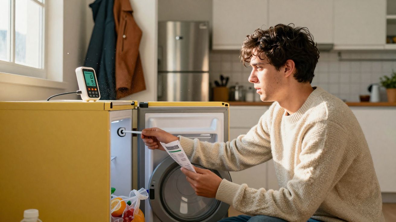 Young man checking the temperature inside a yellow fridge using a thermometer in a modern kitchen.