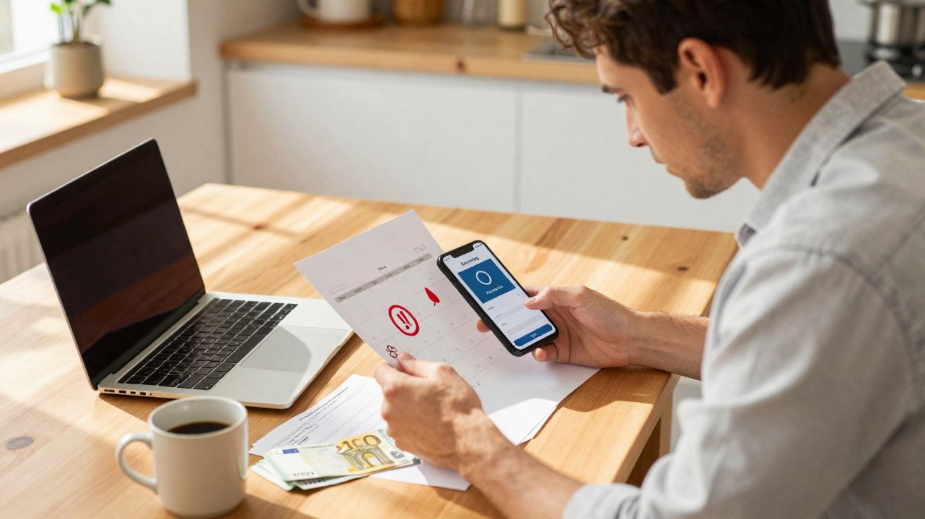 Man checking a bill marked overdue while holding a smartphone at a wooden table with laptop and coffee.
