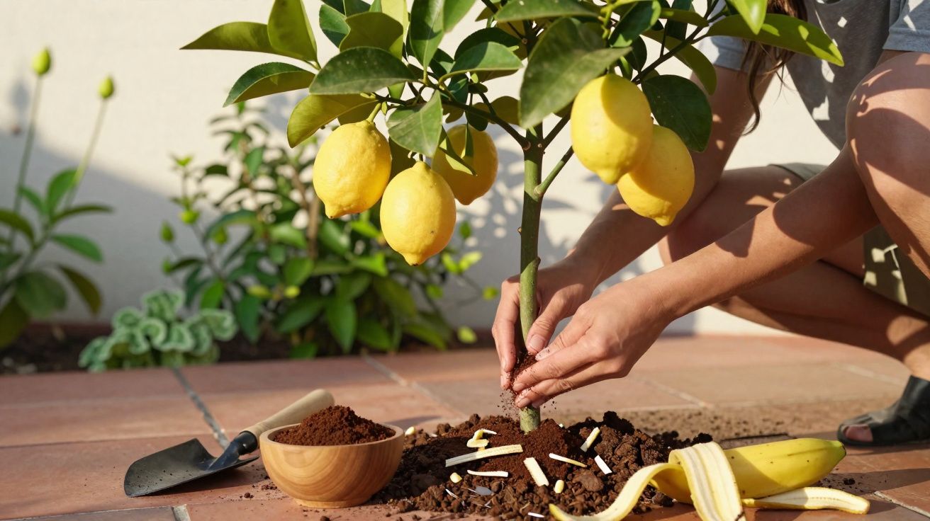 Person planting a lemon tree in soil with scattered cigarette butts and a banana peel nearby.