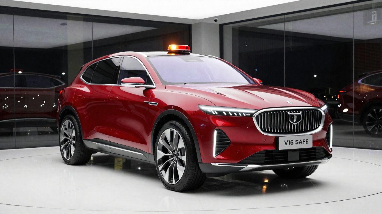 Red luxury SUV with illuminated roof light and V16 SAFE license plate displayed in showroom with glass walls.