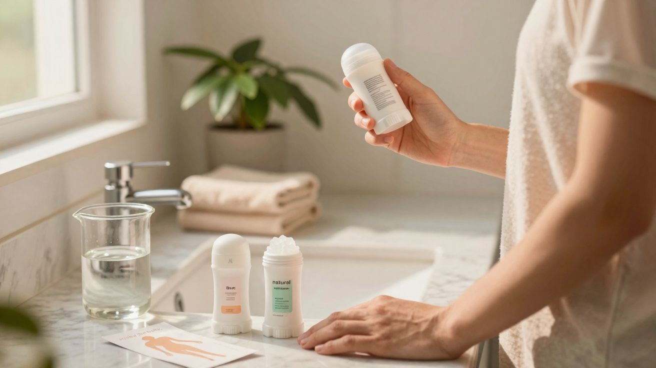 Person holding a deodorant stick over a bathroom sink with two other deodorants and a glass of water nearby.