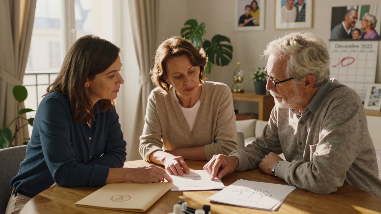 Three adults sitting at a table reviewing documents in a well-lit room with family photos on the wall.