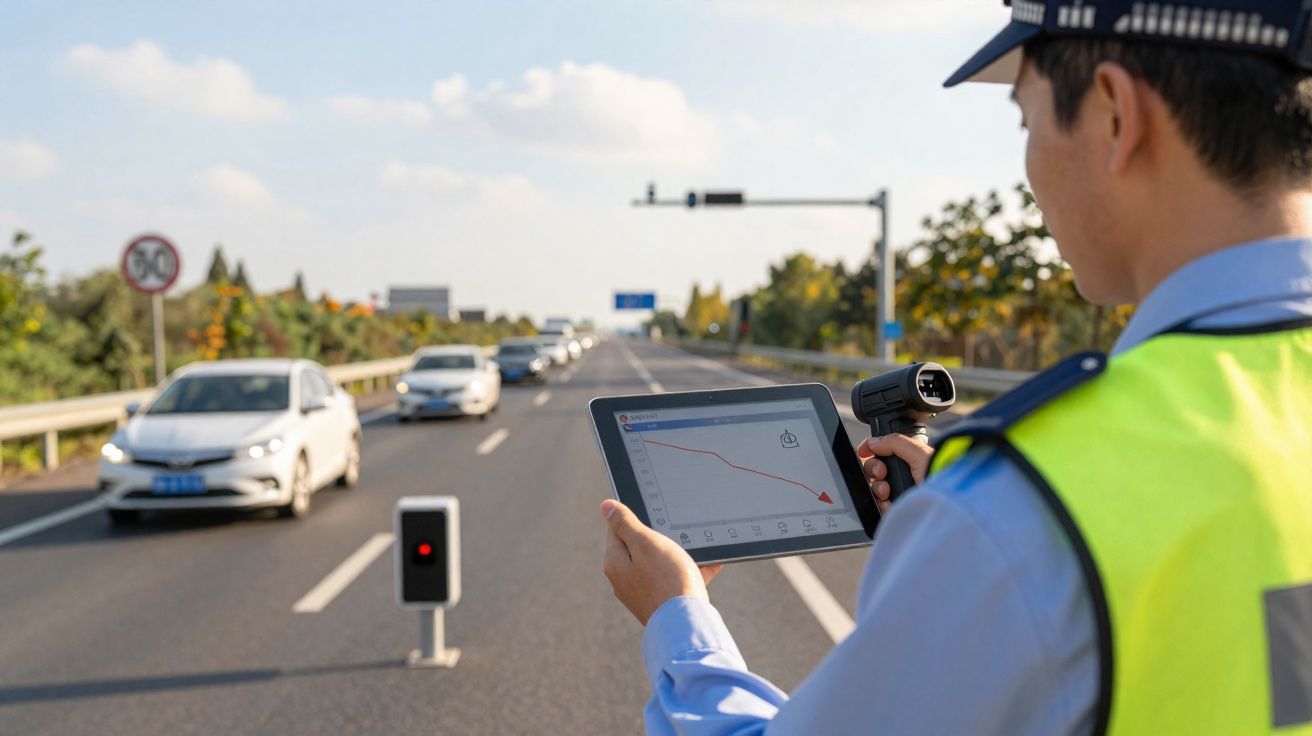Police officer using a radar gun and tablet to monitor vehicle speeds on a busy three-lane road.