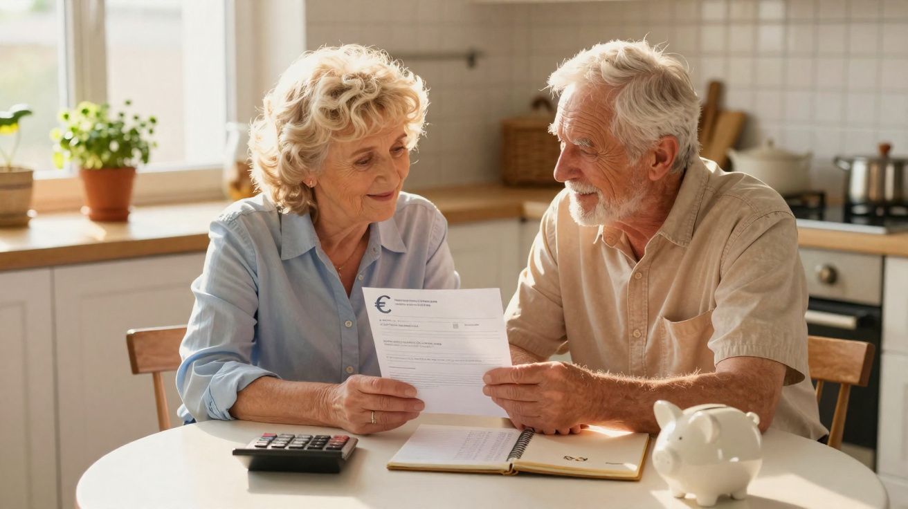 Elderly couple sitting at kitchen table reviewing a financial document with a calculator and piggy bank nearby.