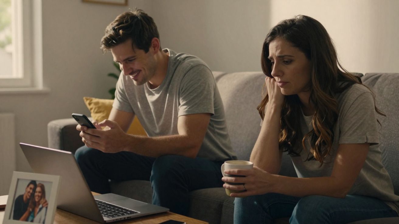A smiling man using his phone while a concerned woman sits beside him holding a cup on a sofa.