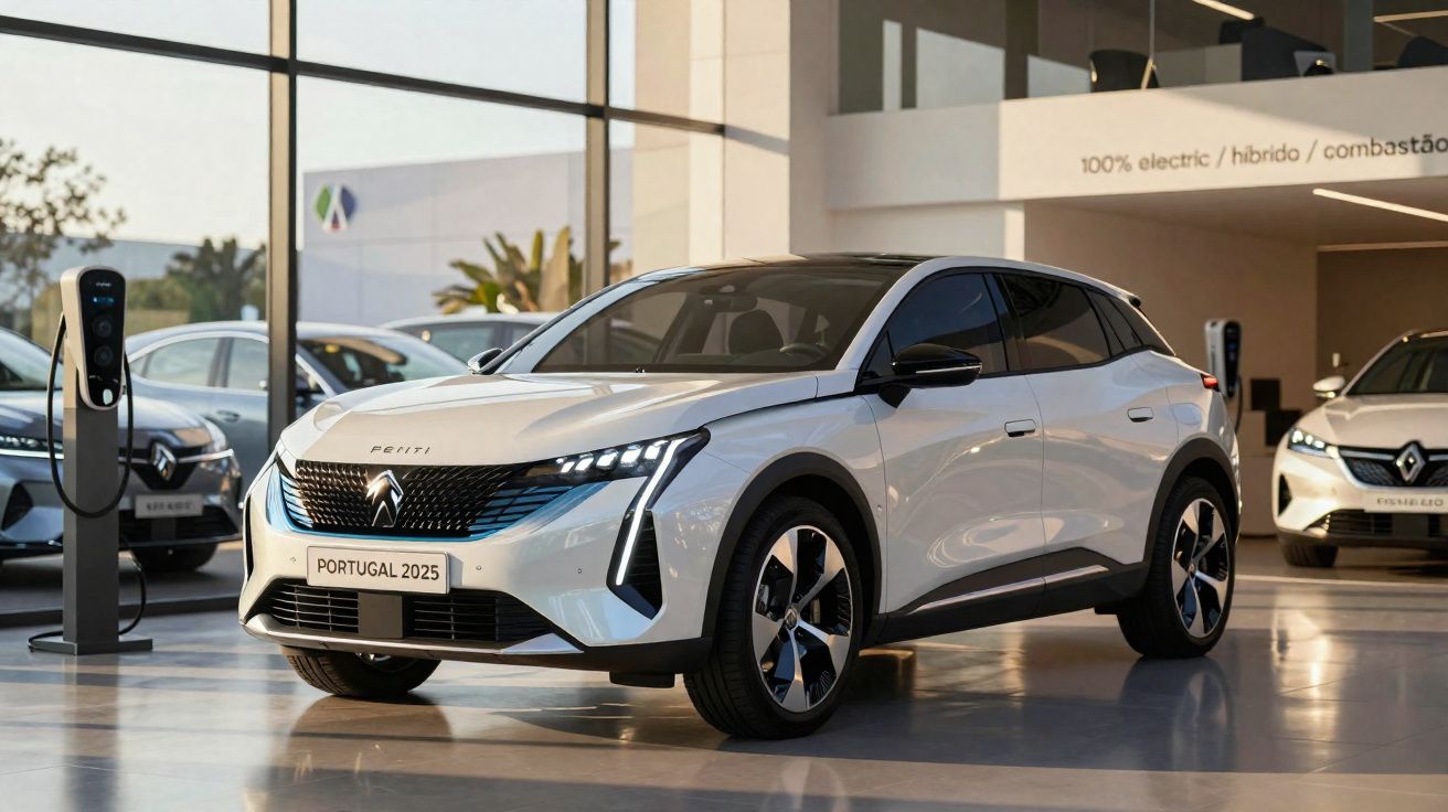 White electric SUV displayed inside a modern showroom with charging stations and other vehicles visible.