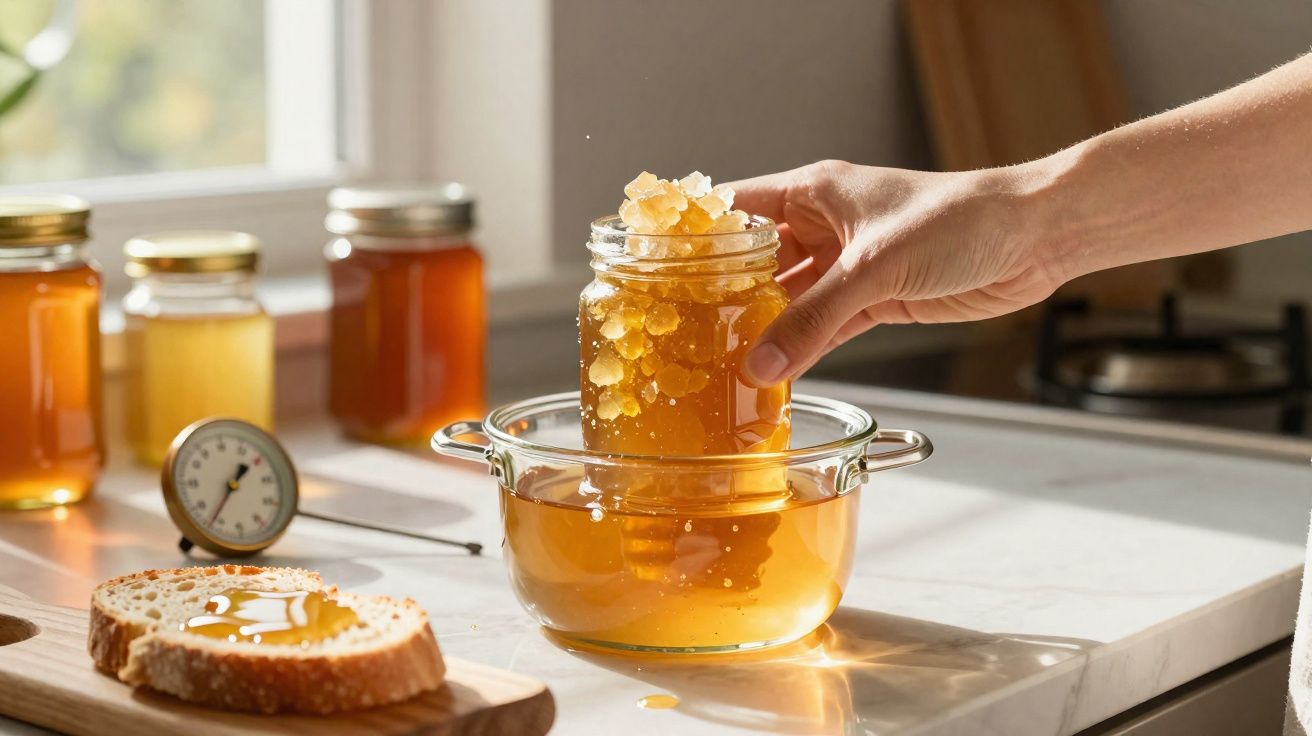 Hand placing a jar of honeycomb into a glass pot with honey on a kitchen countertop next to sliced bread with honey.