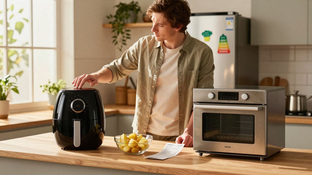 Man using a black air fryer and stainless steel oven on a wooden kitchen counter with a bowl of potatoes.