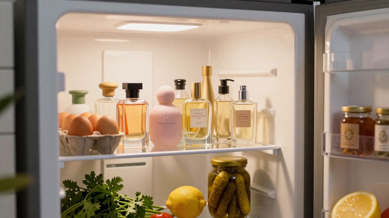 Open fridge with eggs, various perfume bottles, pickles, lemon, and fresh herbs inside.