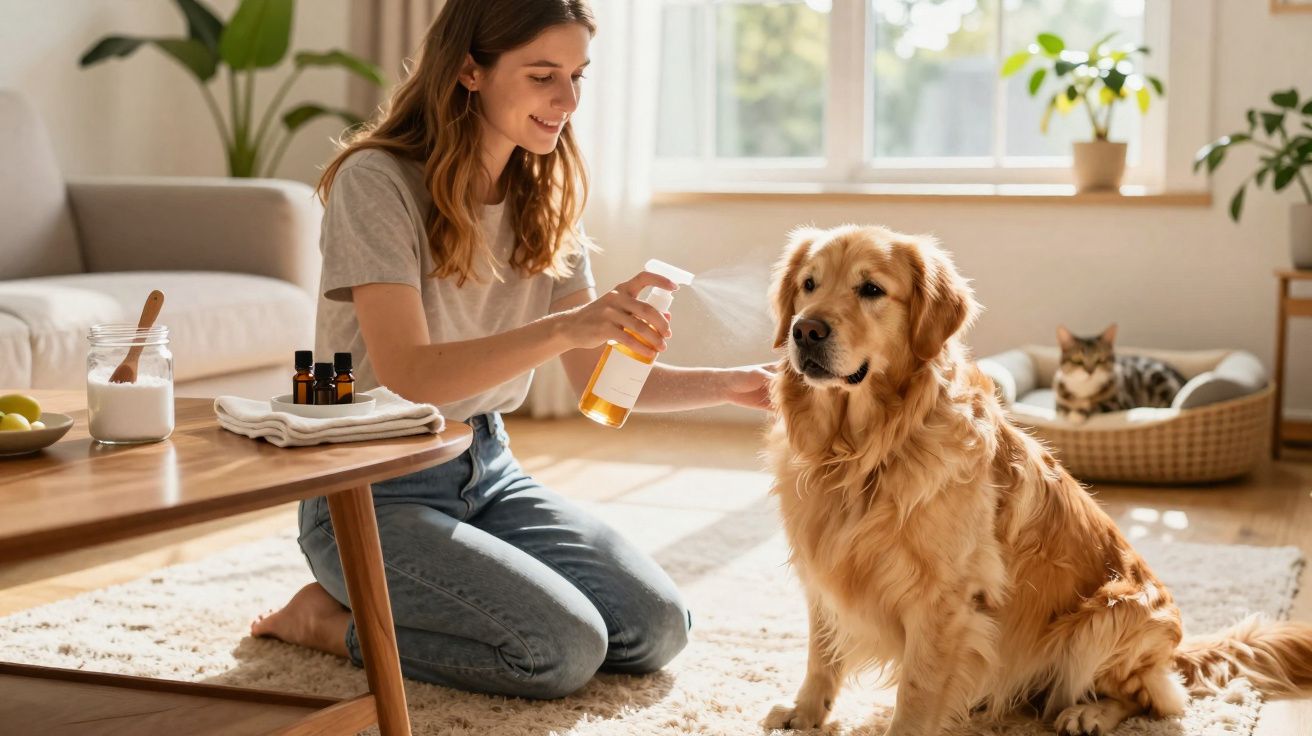 Woman spraying a golden retriever with pet spray in a sunny living room with a cat in the background.
