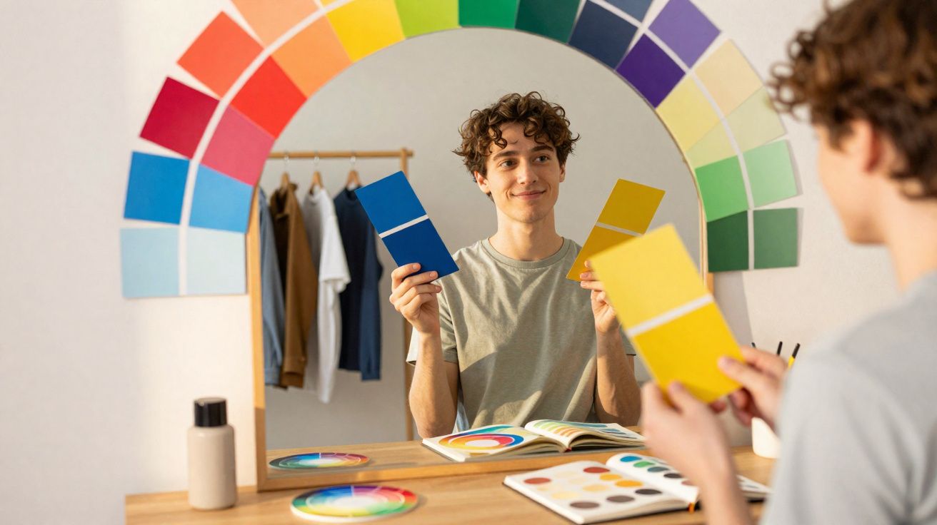 Young man holding blue and yellow paint swatches in front of a mirror with rainbow paint samples on the wall.
