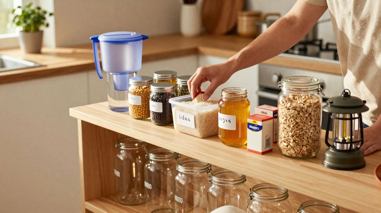 Person's hand picking an item from labelled jars of food on a wooden kitchen counter with a water filter jug nearby.
