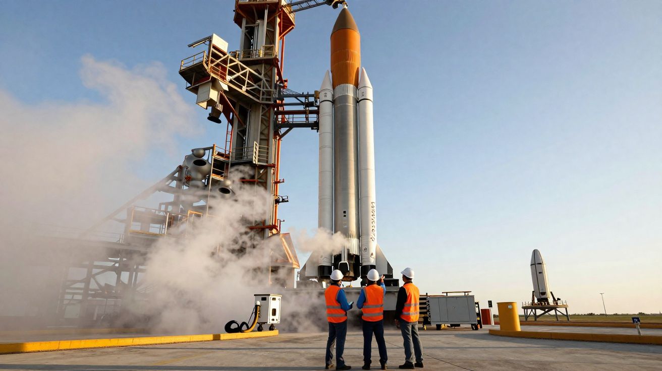 Three workers in orange vests observe a rocket on the launchpad with smoke rising around it.