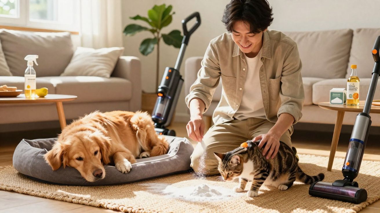 Person playing with a cat near a dog lying on a bed in a sunlit living room with vacuum cleaners nearby