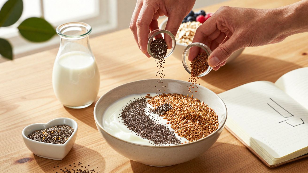Hands sprinkling chia and flax seeds into a bowl of yogurt, with milk, heart-shaped seed dish, and notebook nearby.