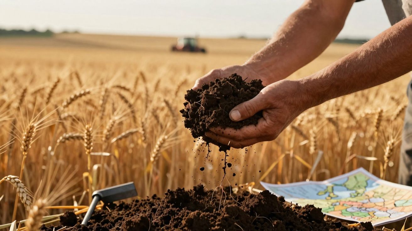 Hands holding dark soil over a wheat field with a map and small gardening tool nearby under sunlight.