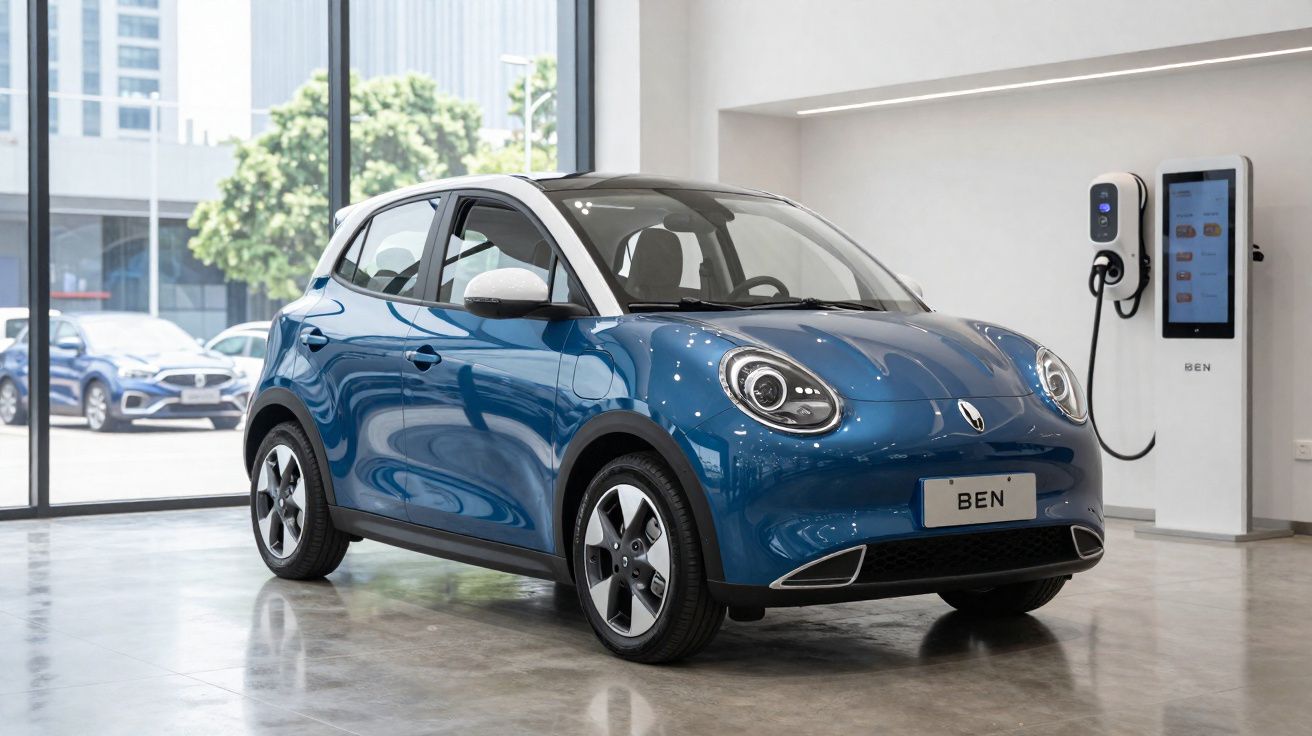 Blue compact electric car with white roof in showroom near charging station under natural light