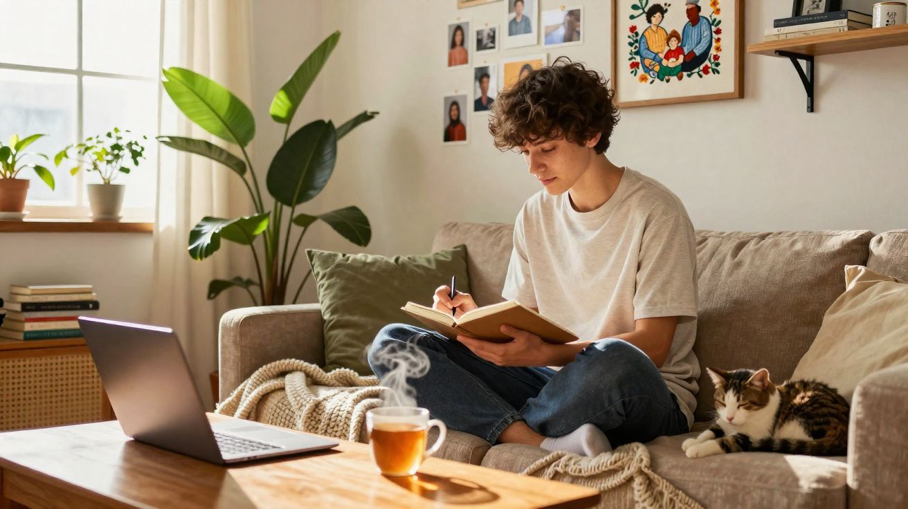 Young man writing in a notebook on a beige sofa with a cat beside him and a steaming cup of tea on the table.