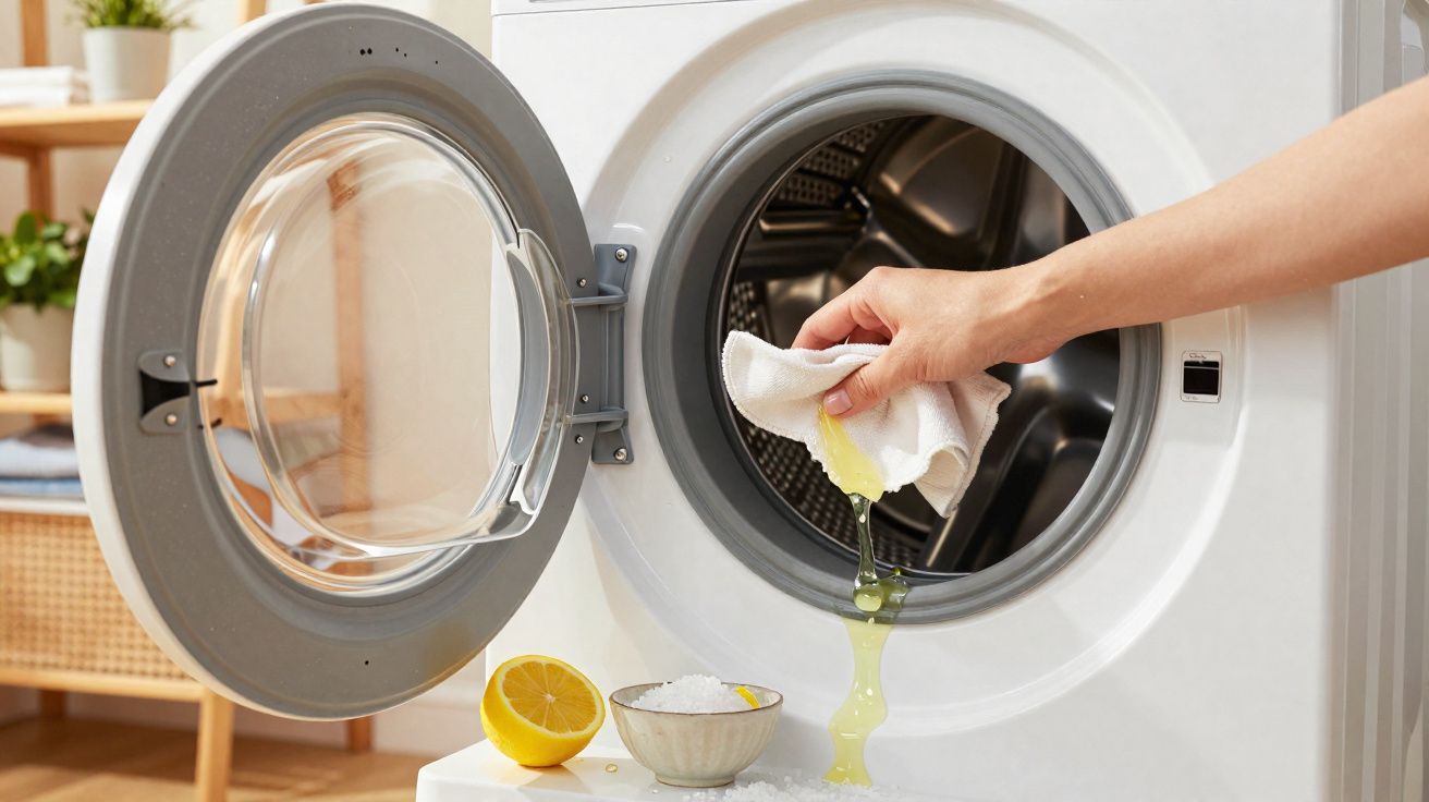 Hand squeezing lemon juice from a cloth into a front-loading washing machine open door, with salt bowl nearby.