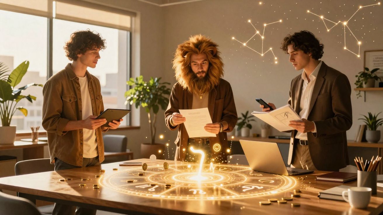Three men around a table with a glowing astrological chart, one wearing a lion mane costume headpiece.