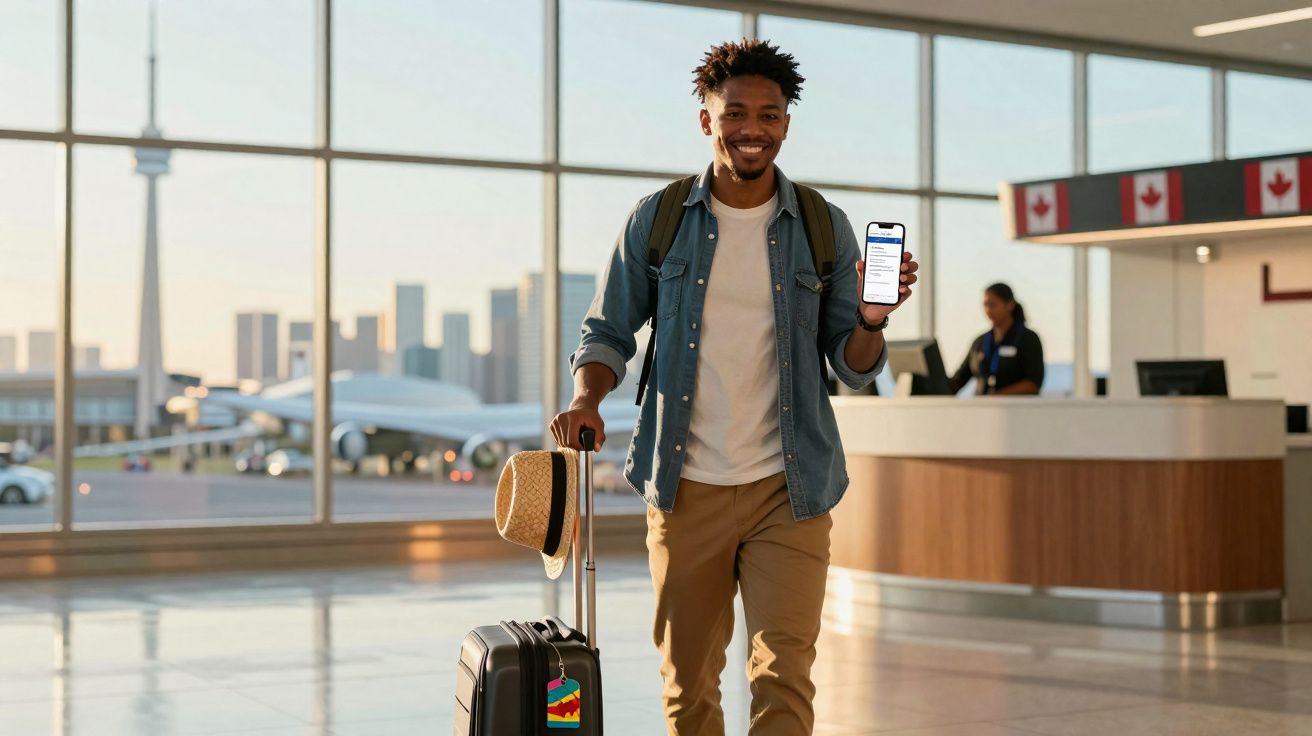 Smiling man with suitcase and backpack showing digital boarding pass in bright airport terminal near check-in desk.