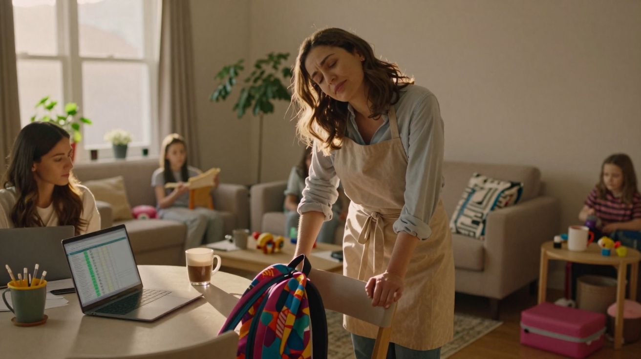 Tired woman in apron leaning on chair in a busy living room with children and a woman working on a laptop.