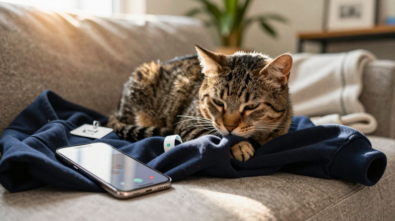 Tabby cat resting on a navy sweatshirt on a sofa beside a smartphone with an incoming call.