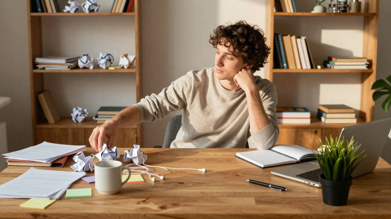 Young man looking distracted while tossing crumpled paper balls on a cluttered wooden desk at home.