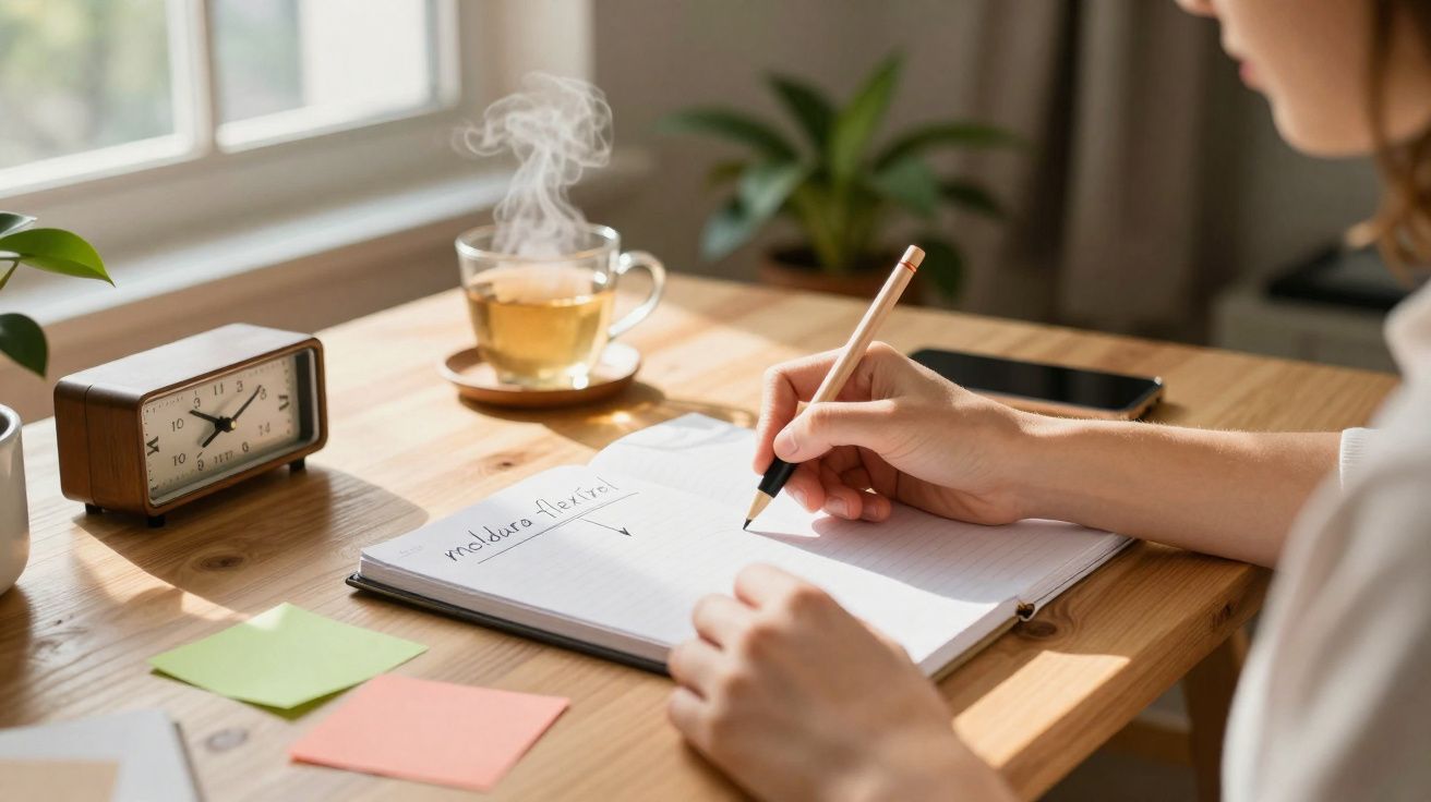 Person writing in notebook at wooden desk with steaming tea, vintage clock, and sticky notes nearby