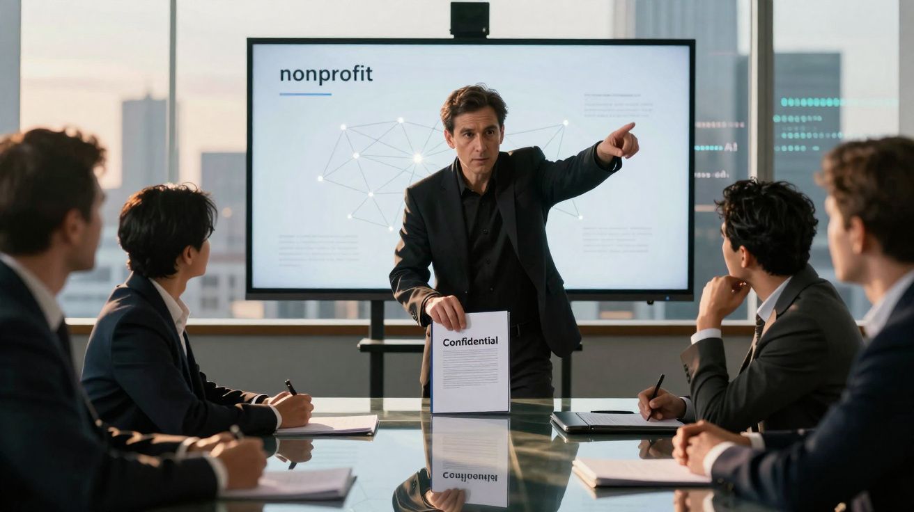 Businessman holding confidential document during a nonprofit meeting with four colleagues in a modern office.