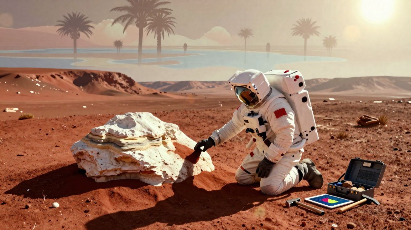 Astronaut examining rock on a reddish desert planet with palm trees and tools nearby in the background.