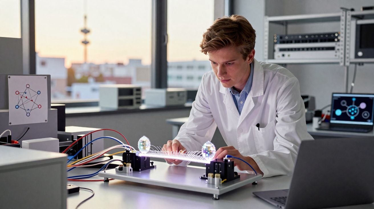Scientist in a lab coat working on a light and optics experiment with lenses and electronic equipment.