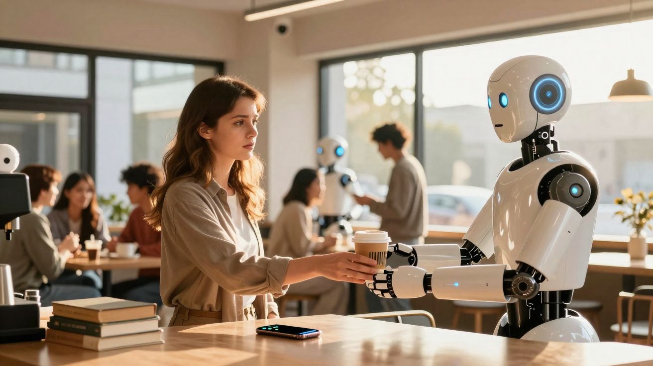 Woman receiving coffee from a humanoid robot in a bright modern café with people in the background.