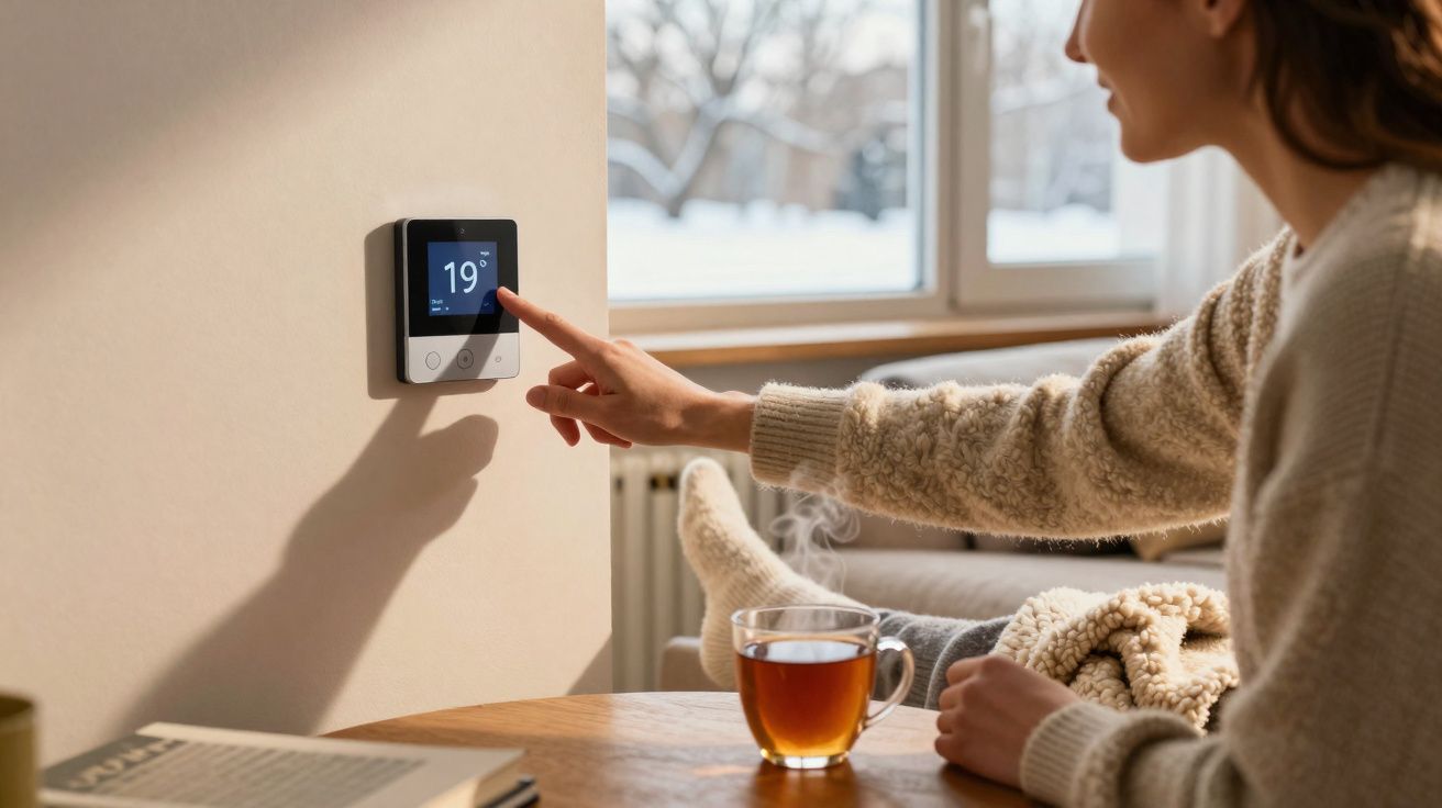 Person adjusting a digital thermostat set to 19°C in a cosy room with a steaming cup of tea nearby.