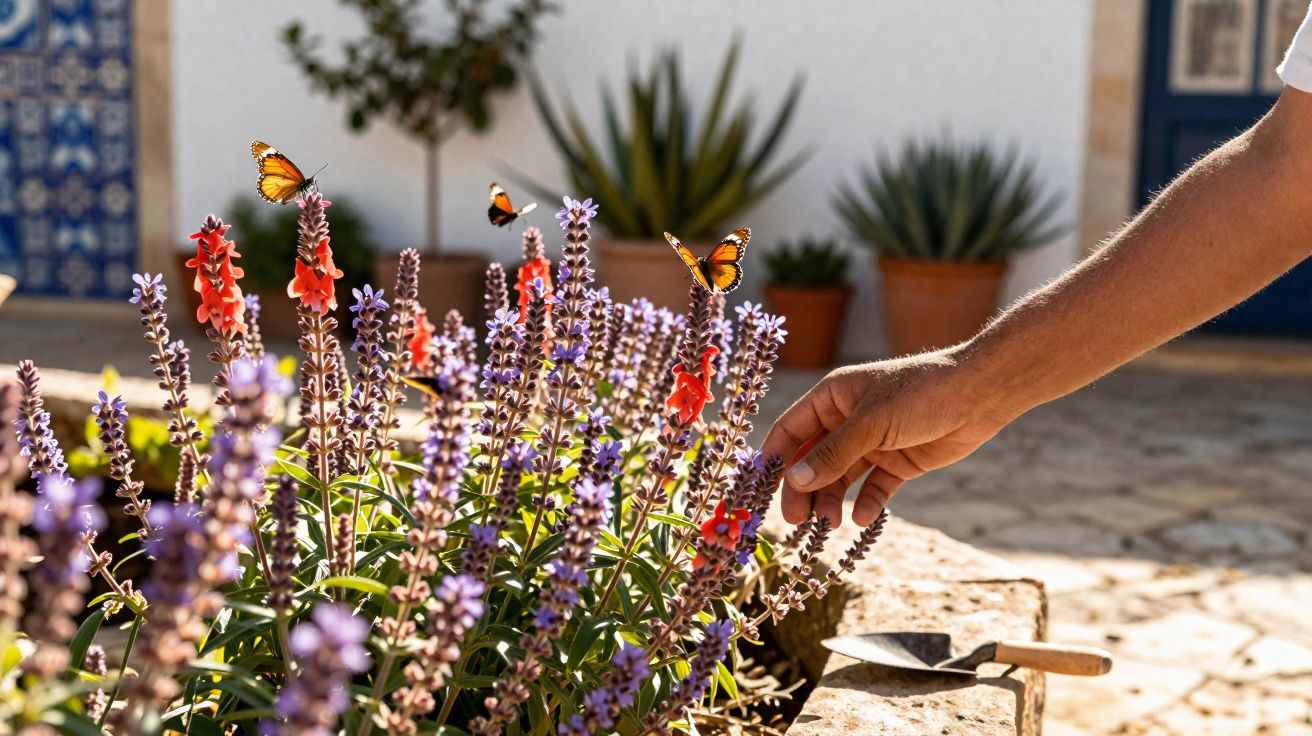 Hand gently touching purple and red flowers with three orange and black butterflies in sunny garden courtyard.