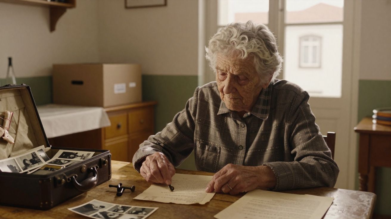 Elderly woman sitting at a wooden table, writing on aged paper with black-and-white photos and an open suitcase nearby.
