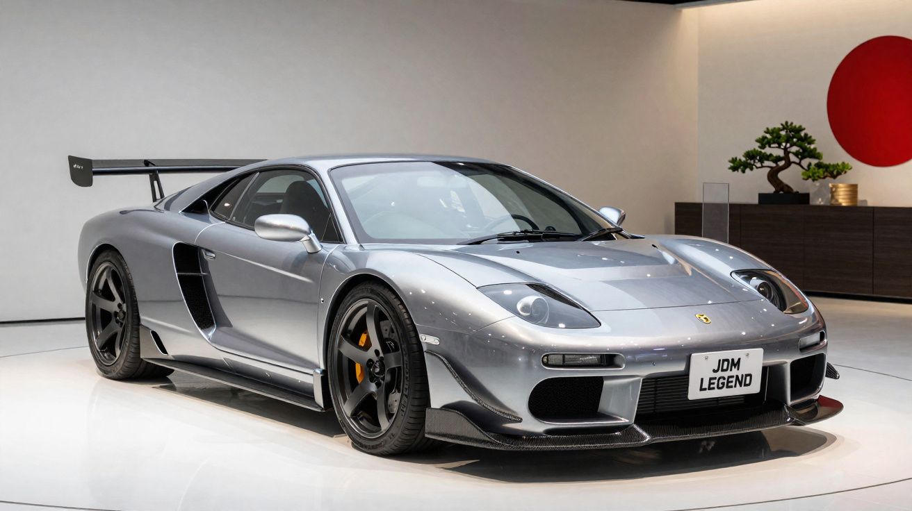 Silver McLaren F1 sports car with a large rear wing displayed in a modern showroom.