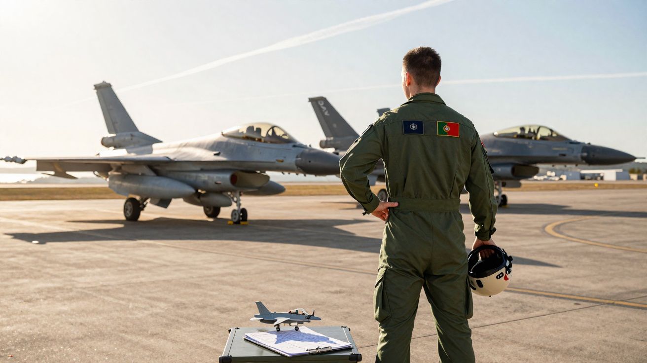 Pilot in flight suit holding helmet and observing two fighter jets on runway at airbase.