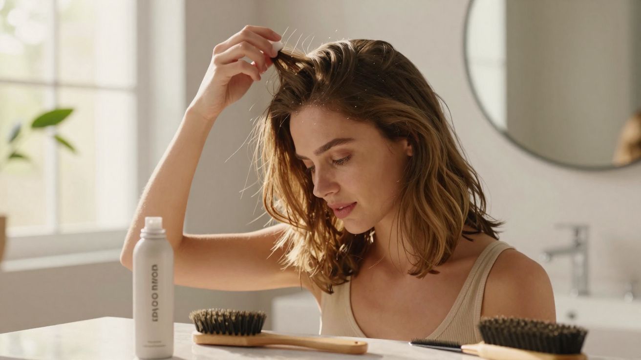 Young woman inspecting her hair in a bright bathroom with hairbrushes and a hair product on the counter.