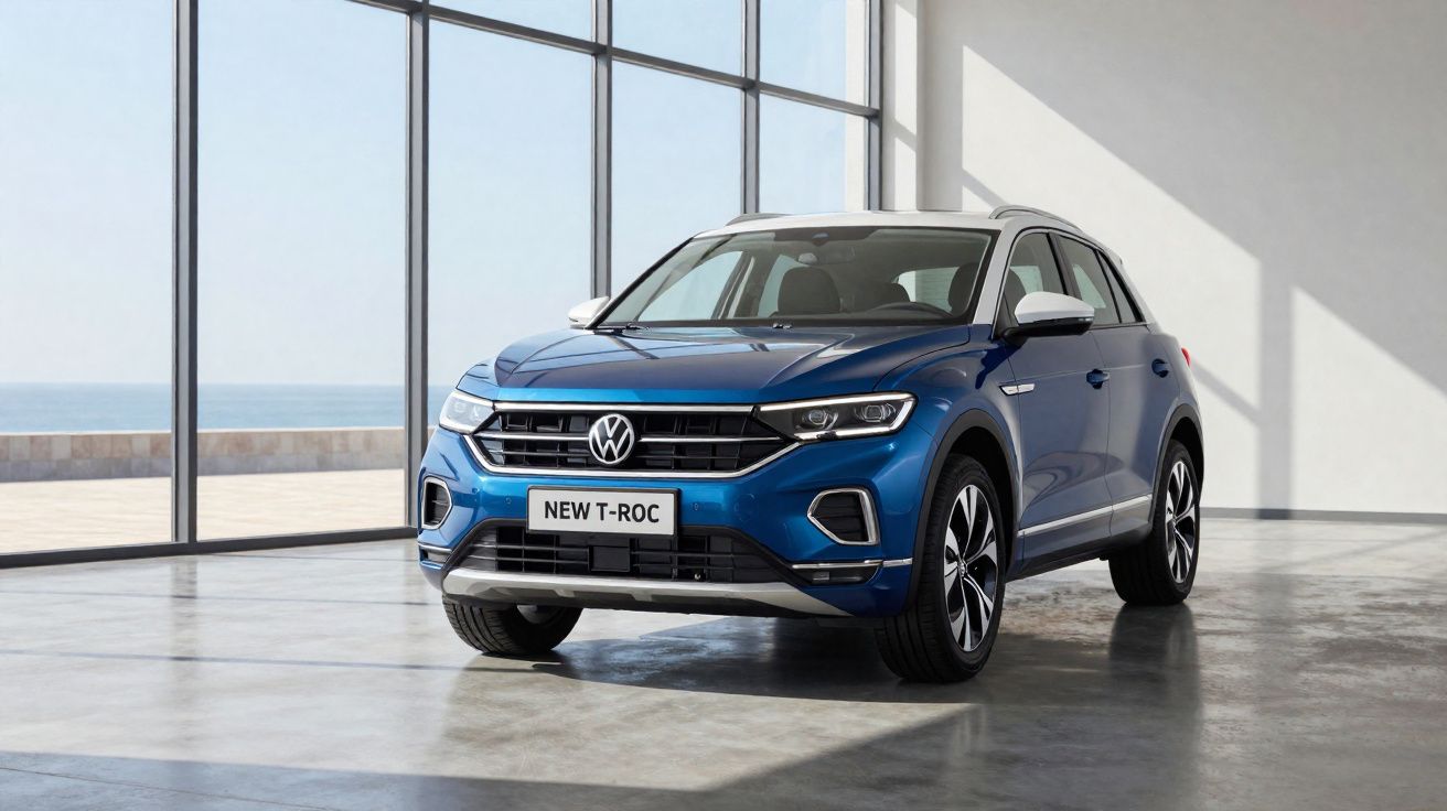 Blue Volkswagen New T-Roc SUV parked indoors near large windows with sea view outside.