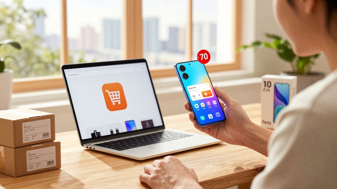 Person holding a smartphone with 70 notifications, laptop showing online shopping, and boxed phone on wooden desk.