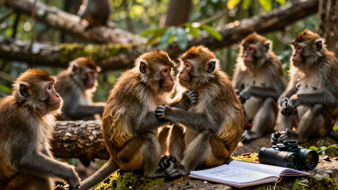 A group of monkeys sitting on logs in a forest with an open notebook and binoculars nearby.