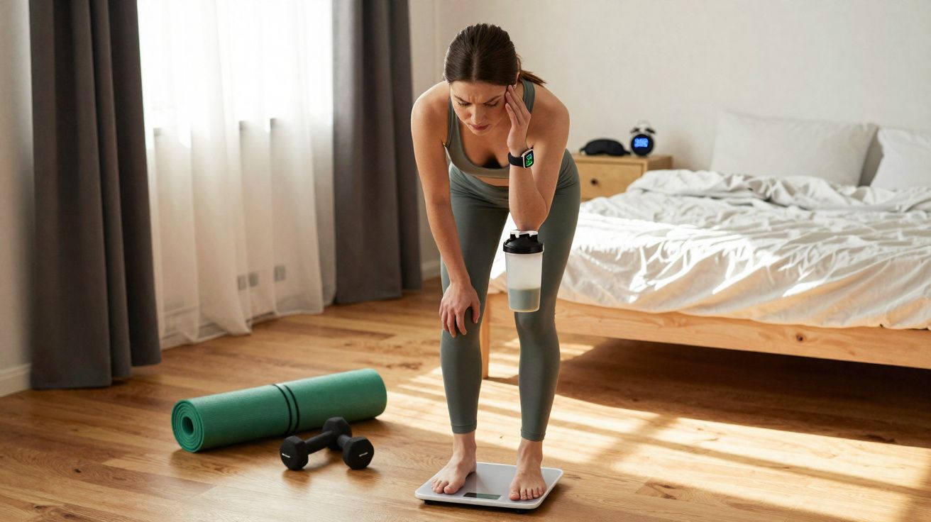 Woman in workout gear looking concerned while standing on a scale in a bedroom with exercise equipment nearby